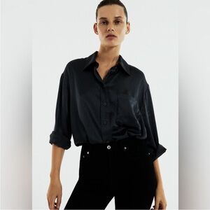 ZARA Gray 100% Silk Button Down Blouse
